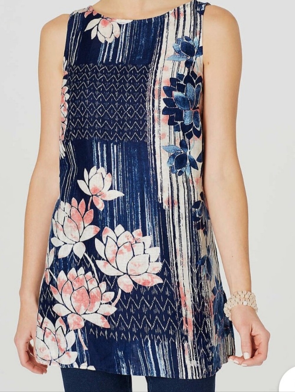 J. Jill Navy Floral Sleeveless 100% Linen Tunic with Pink Blooms
